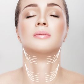 woman with arrows on her neck. lifting concept. correction of double chin